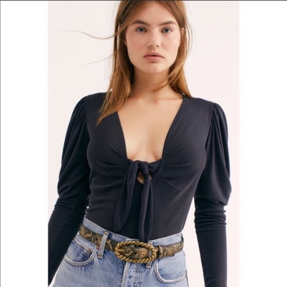 Free people black ribbed front-tie blouse